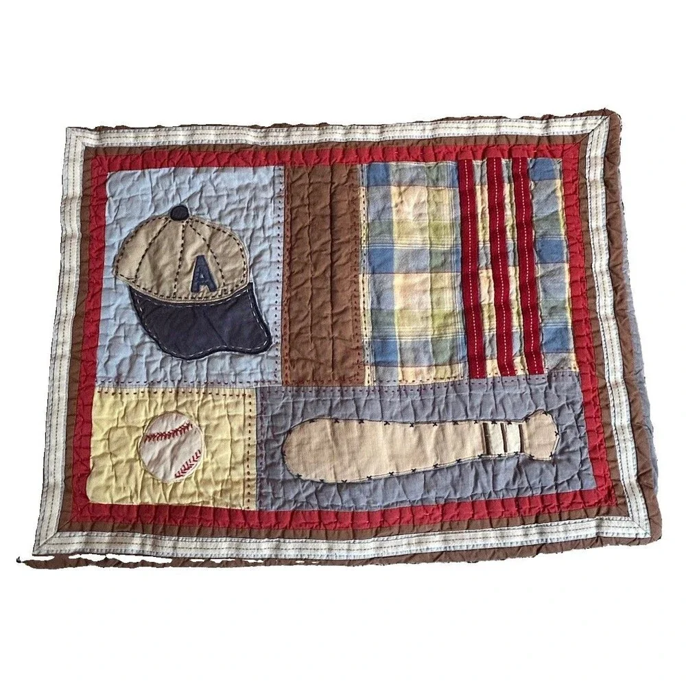 Pottery Barn Standard Pillow Sham Kids Baseball Quilted Red Blue Chambray Brown